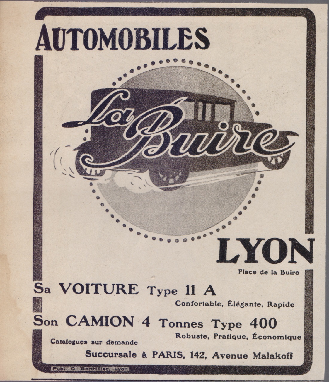 Automobiles La Buire Lyon. Advertising 1920