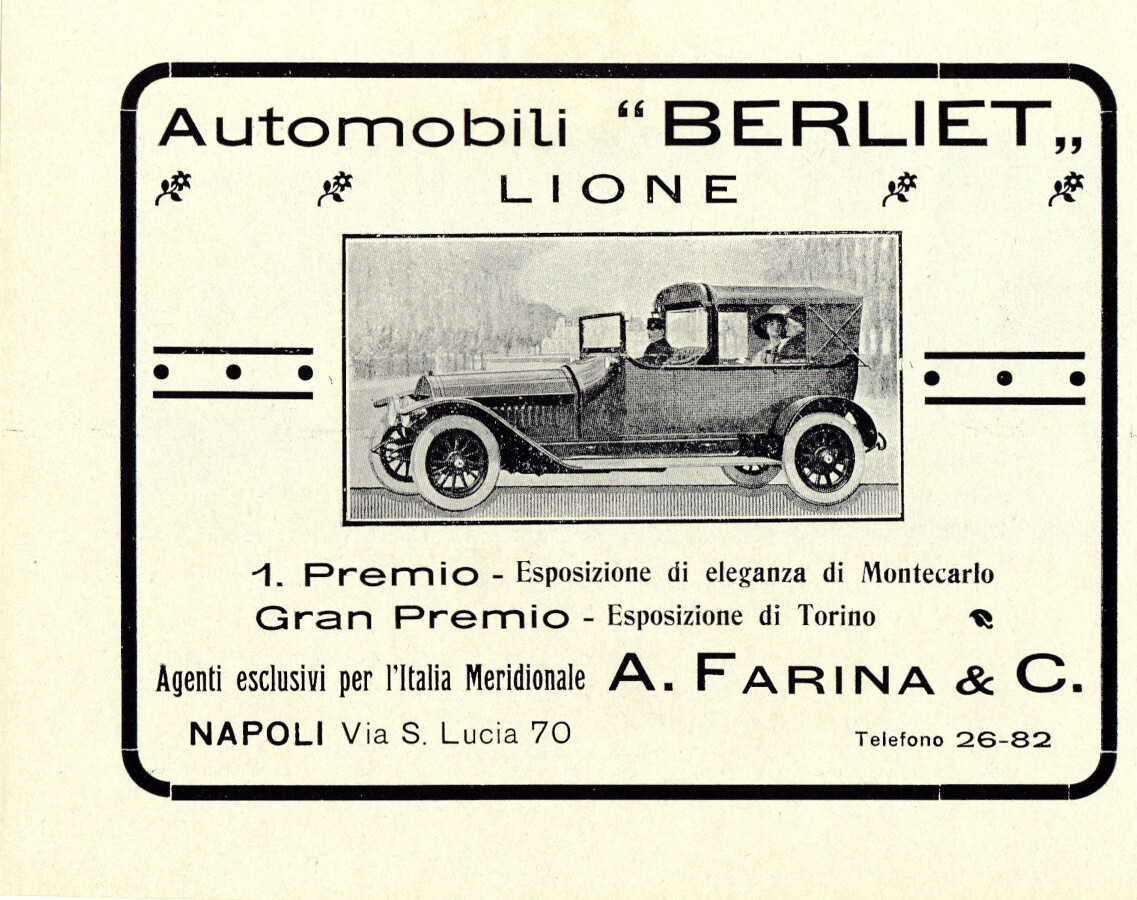 Automobili Berliet Lione. A. Farina &amp; C., Napoli. Advertising 1913