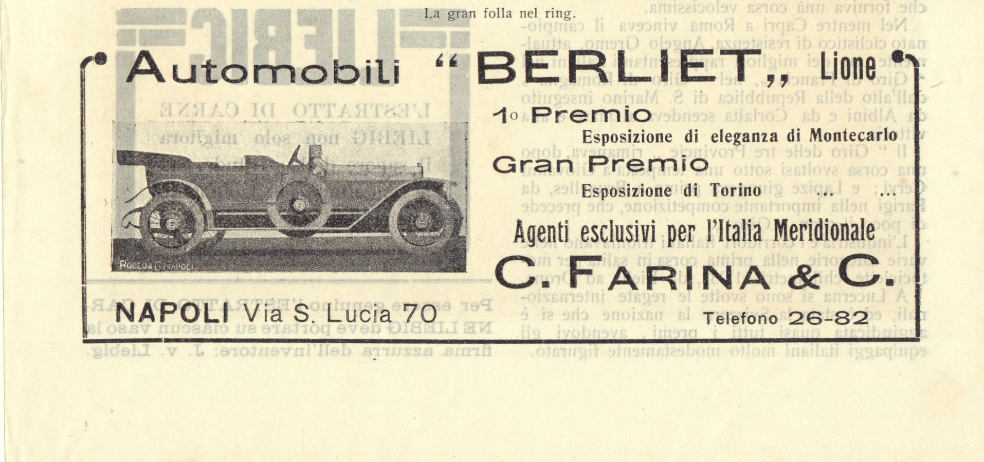 Automobili Berliet Lione. Ag. esclusivo C. Farina, Napoli. Advertising 1913