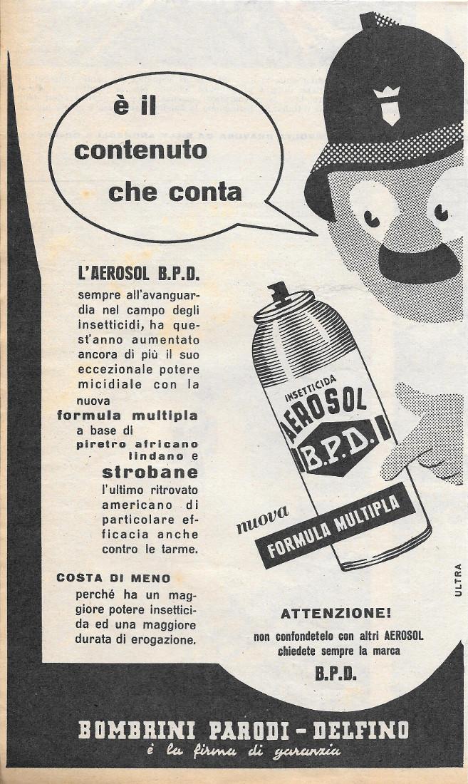B.P.D. insetticida. Bomprini Parodi Delfino. Advertising 1956