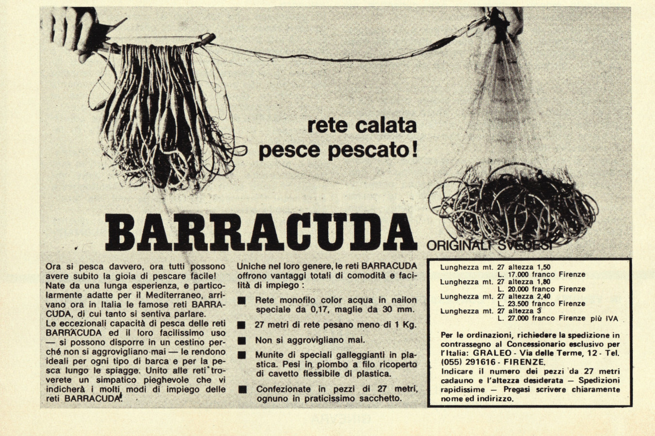 Barracuda rete calata pesce pescato! Originali svedesi. Advertising 1974
