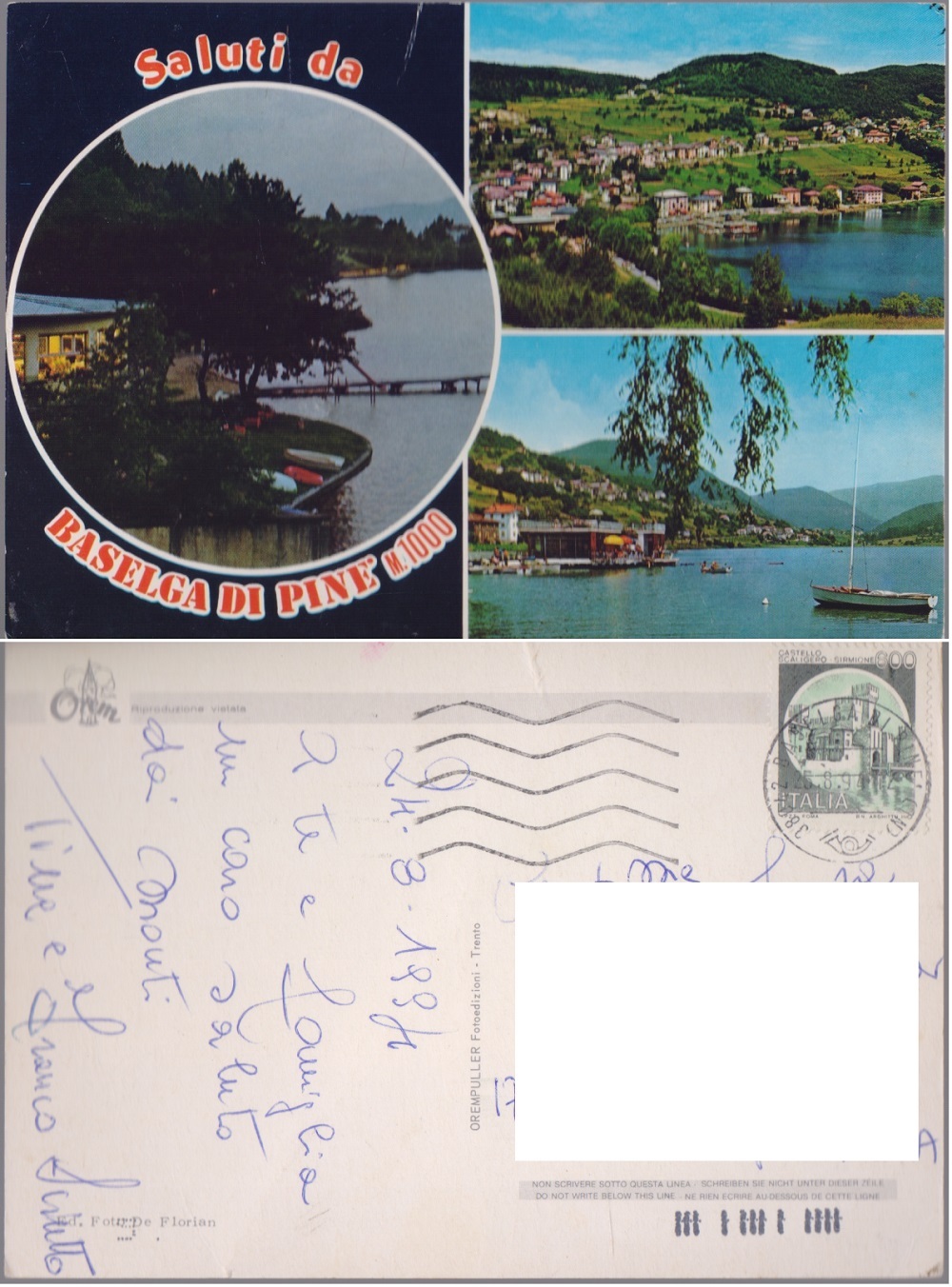Baselga di Pinè (TN). Saluti. Viaggiata 1994