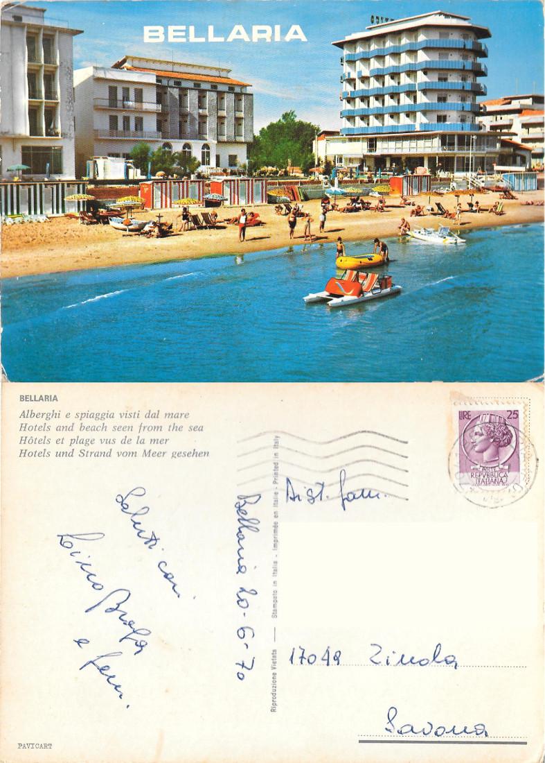 Bellaria. Alberghi e spiaggia visti dal mare. Viaggiata 1970