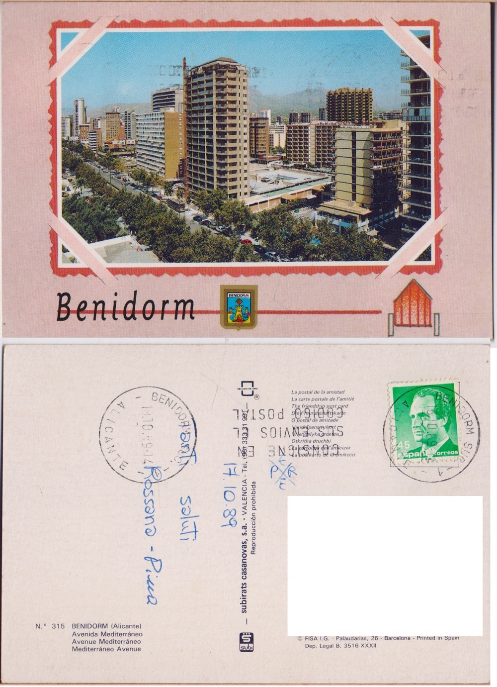 Benidorm (Alicante). Avenida Mediterraneo. Viaggiata 1989