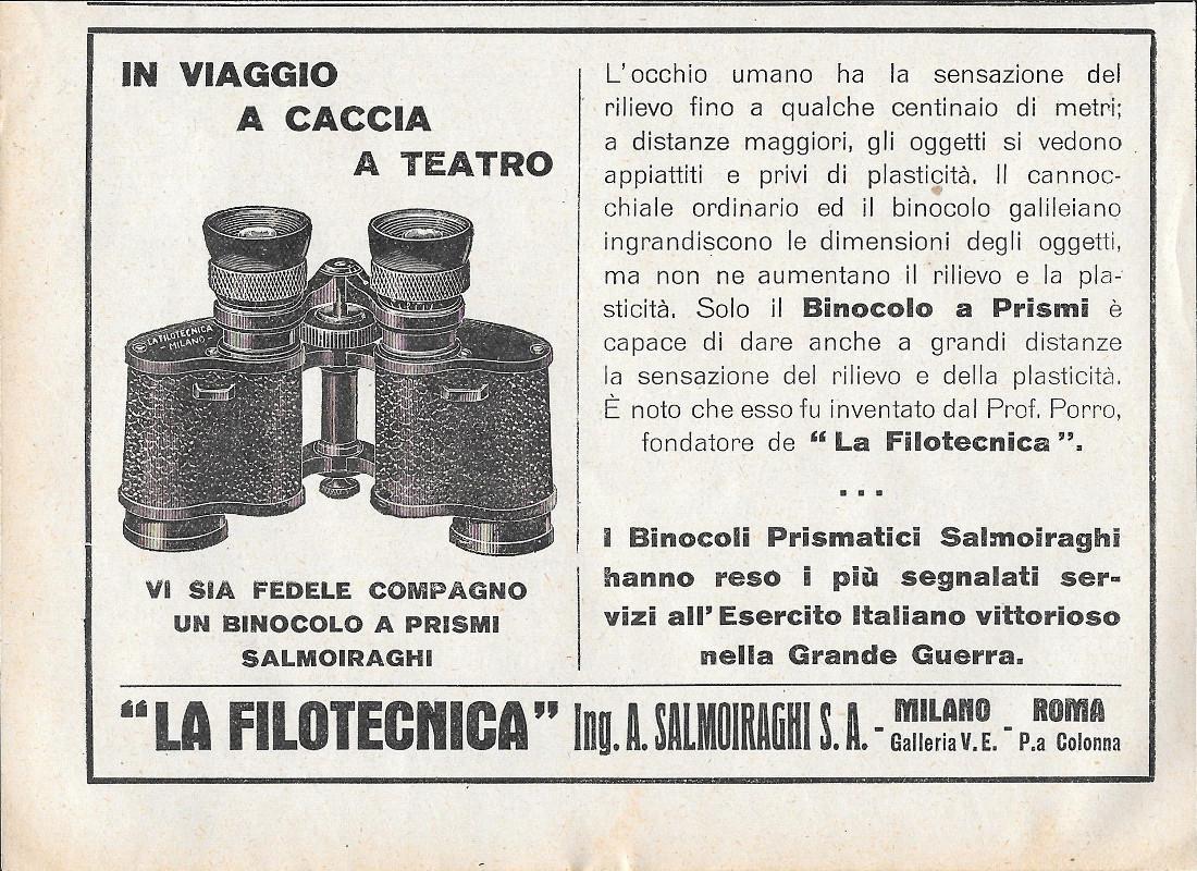 Binocolo a Prismi Salmoiraghi. La Filotecnica. Advertising 1928