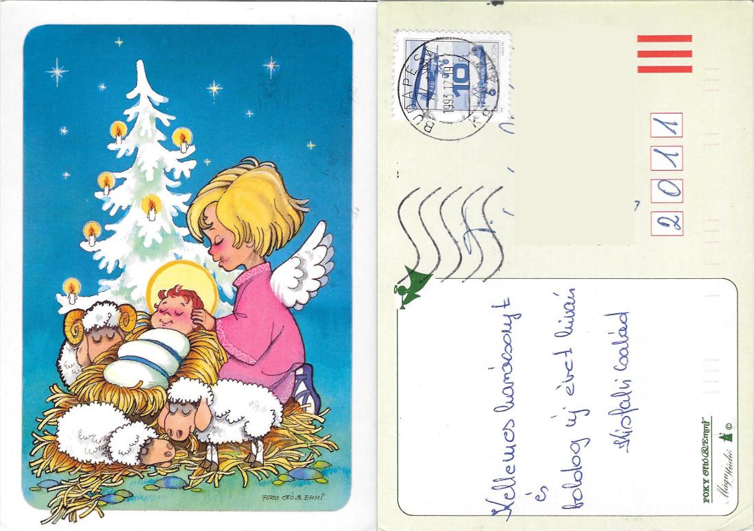 Boldog Karácsonyt. Angioletto e pecorelle col bambino. Viaggiata 1993