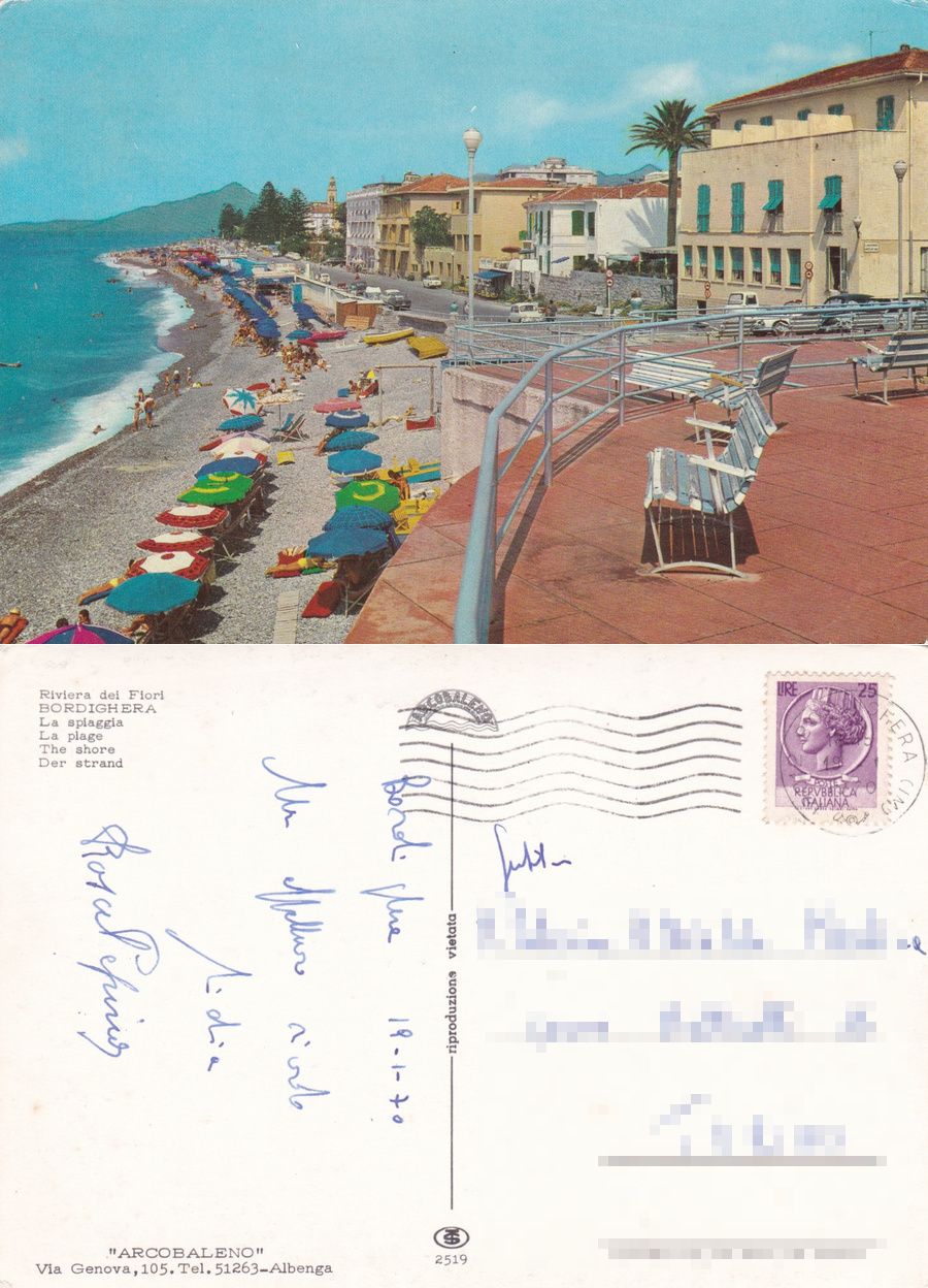 Bordighera (IM). La spiaggia. Viaggiata 1970
