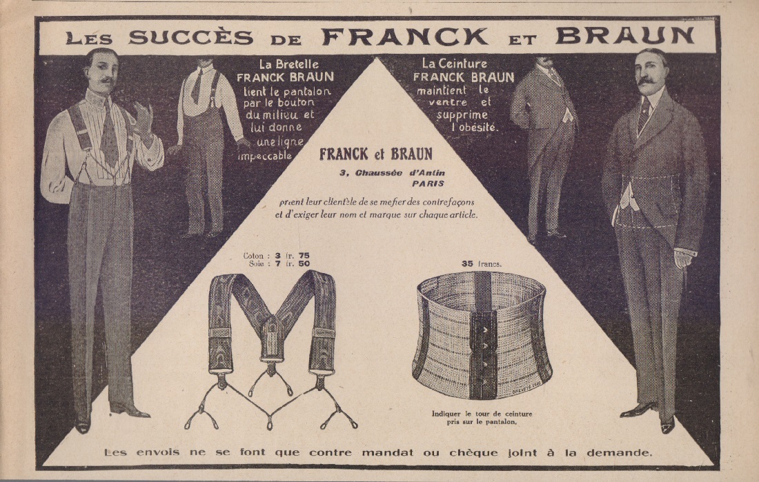 Bretelle e ceinture Franck et Braun. Advertising 1915