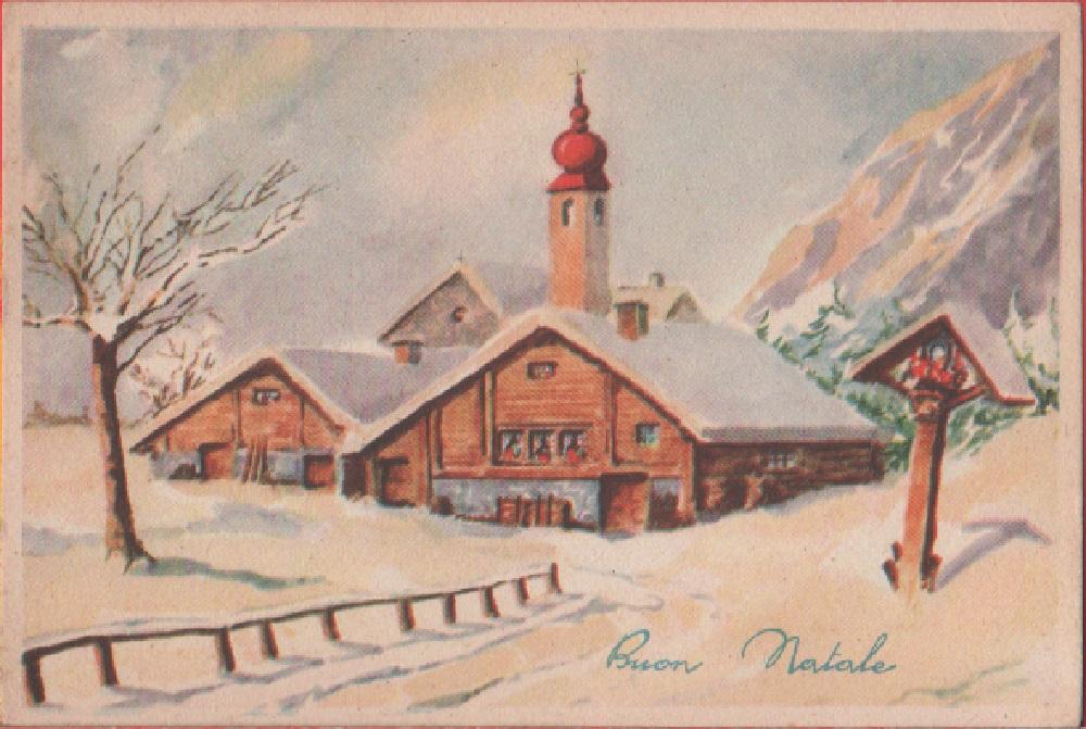 Buon Natale. Chiesa con casa innevata. Non viaggiata