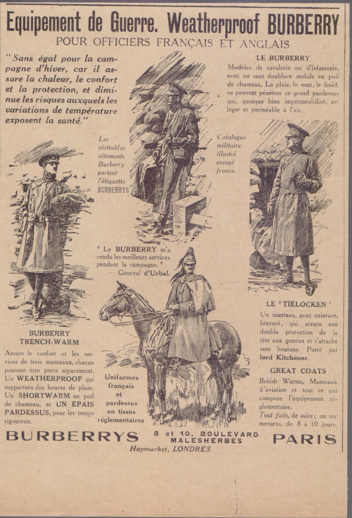 Burberry equipement de guerre. Advertising 1916
