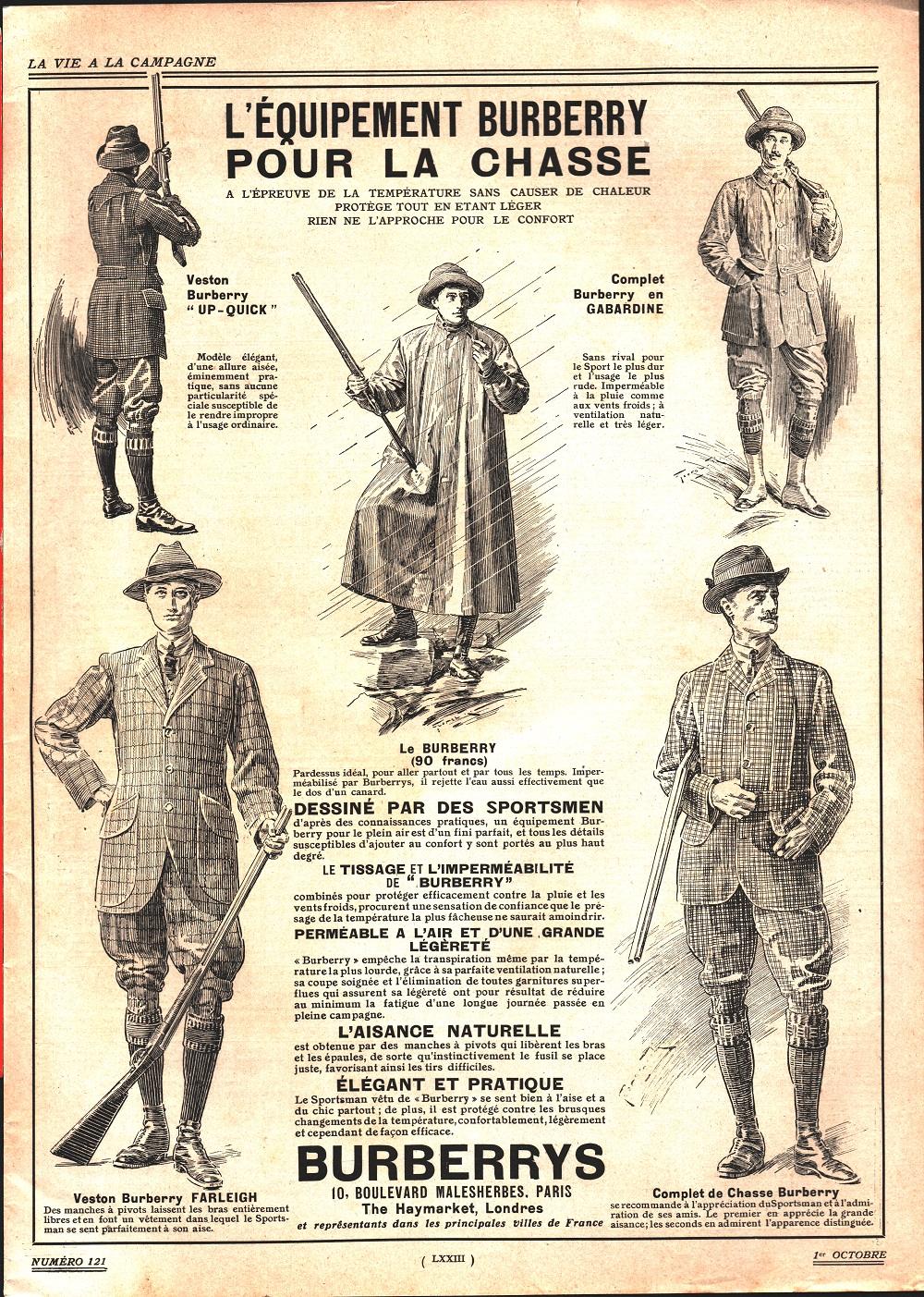 Burberrys. L'équipement pour la chasse. Advertising 1911