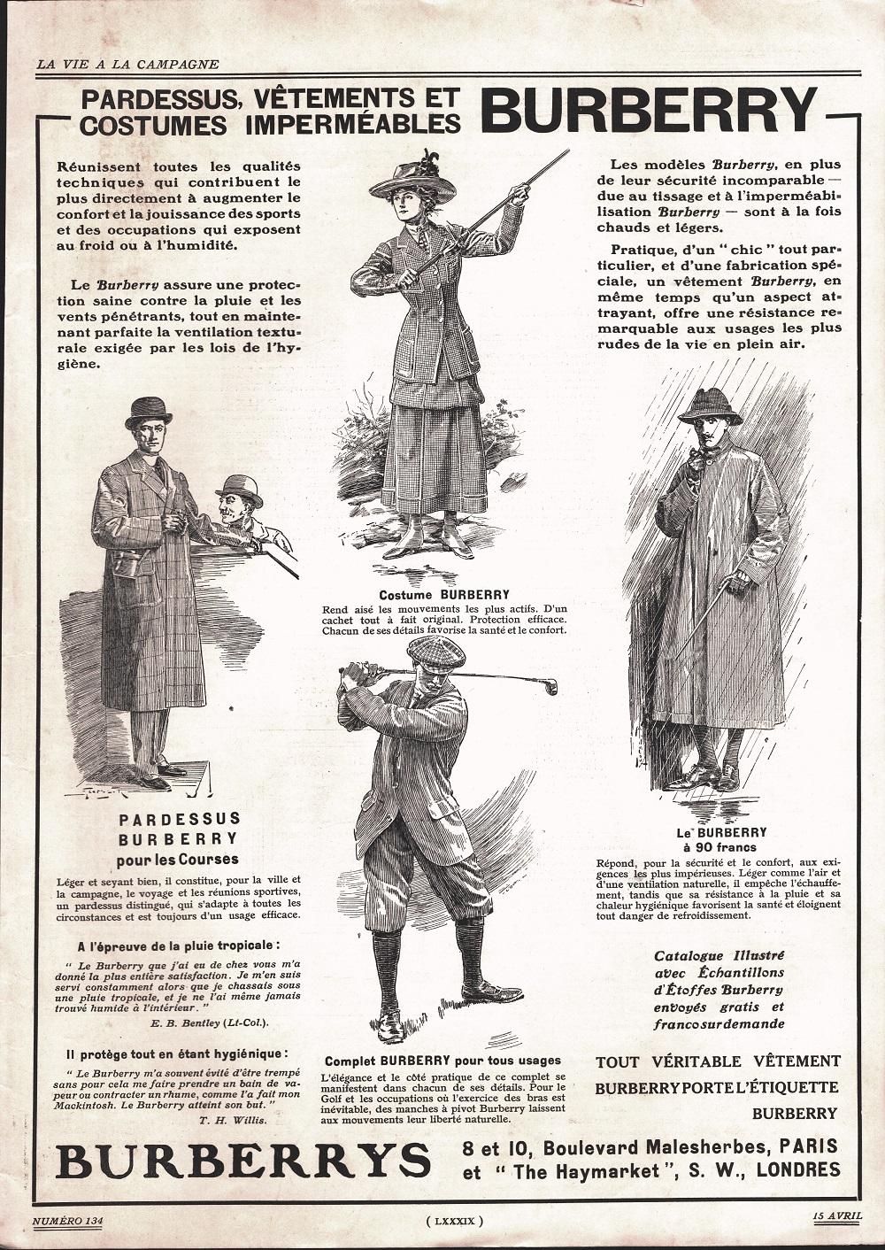 Burberrys. Pardessus, vétements et costumes imperméables. Advertising 1912