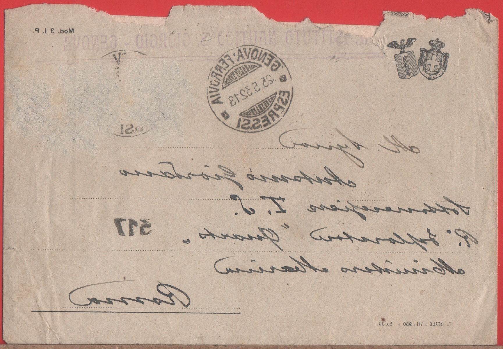 Busta con lettera intestata Istituto Nautico S. Giorgio. Genova. 1932