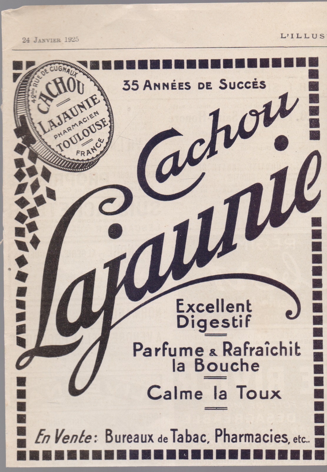 Cachou Lajaunie. Lajaunie Pharmacien Toulouse. Advertising 1925