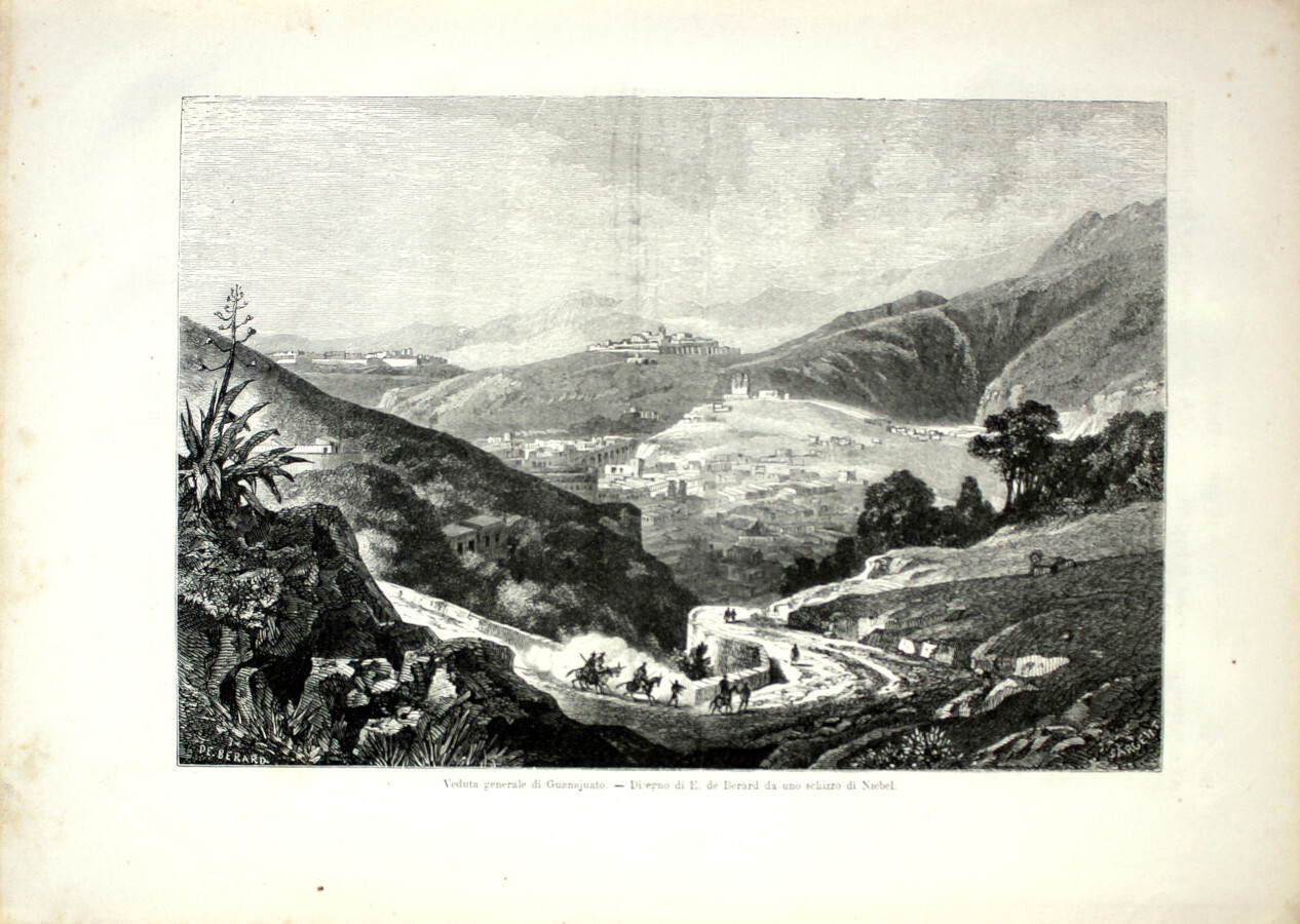California: veduta di Guanajuato/Piazza d'armi a Guadalajara. Stampa 1864