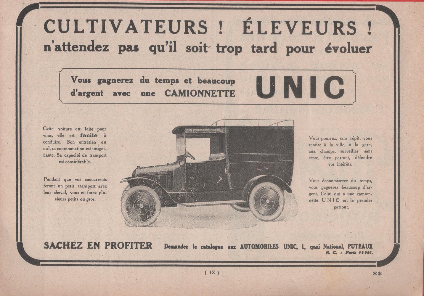 Camionette UNIC. Advertising 1924