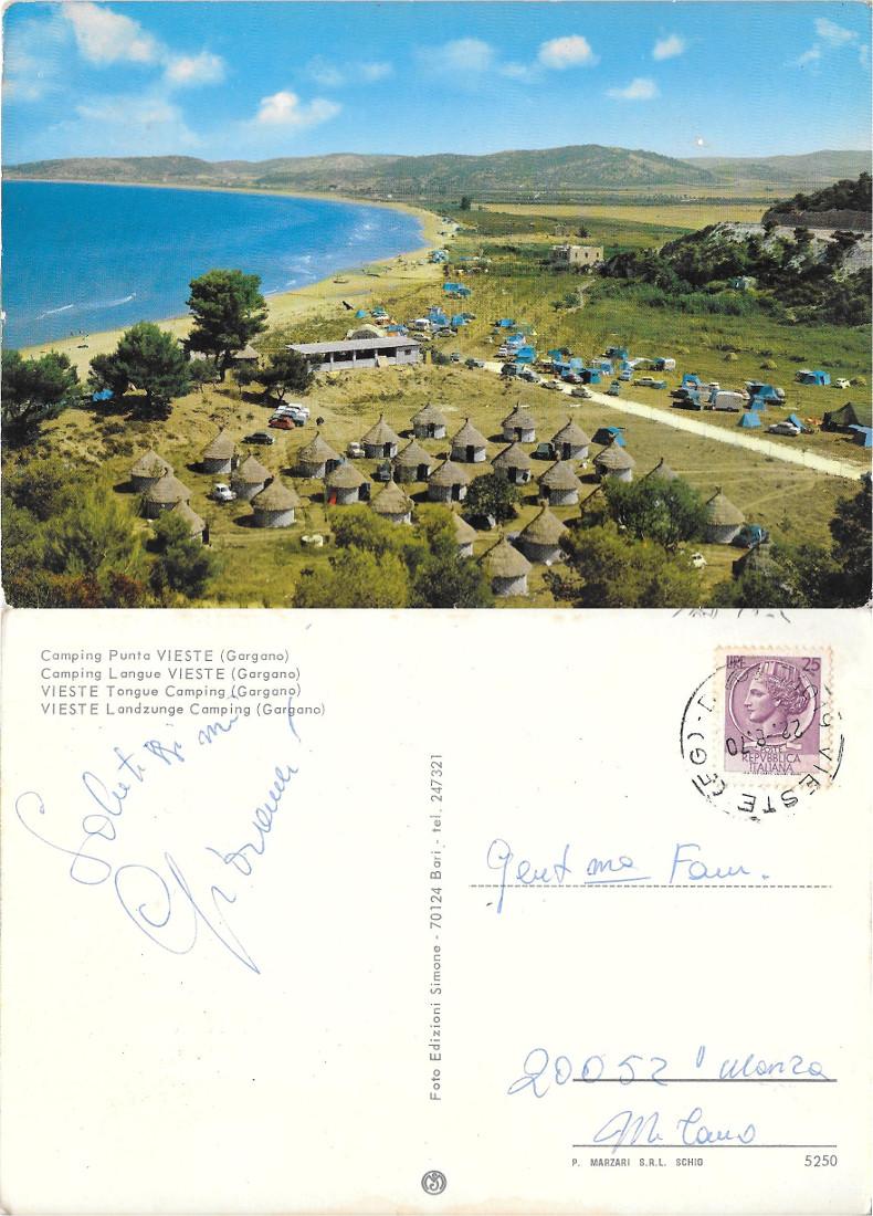 Camping Punta Vieste (Gargano). Viaggiata 1970