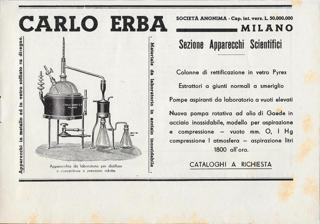 Carlo Erba. Sezione Apparecchi Scientifici. Advertising 1939