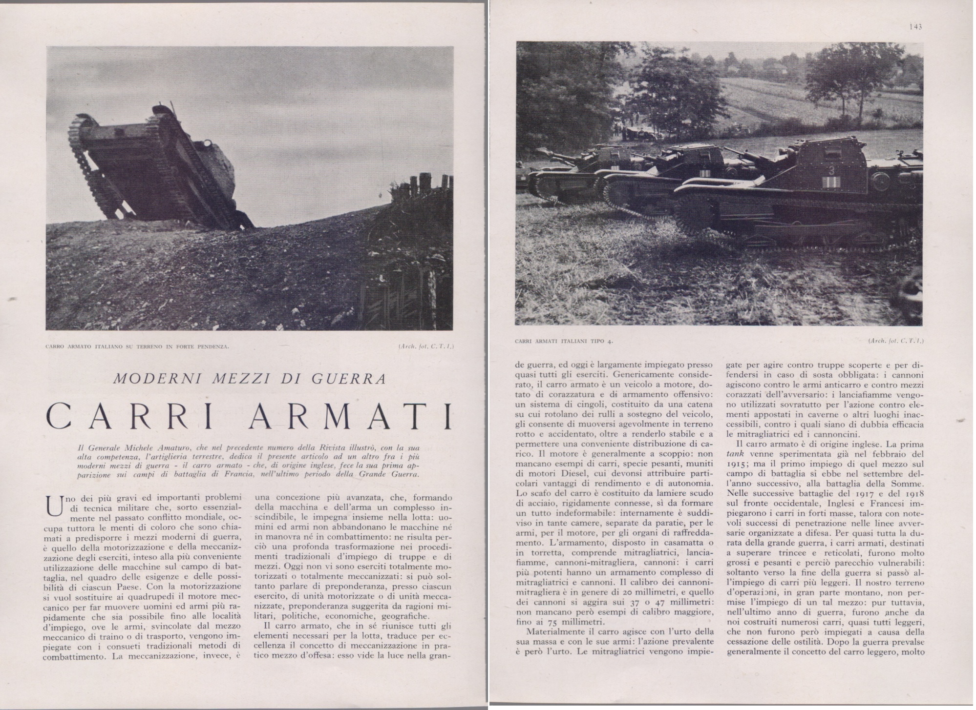 Carri armati. Moderni mezzi di guerra. Estratto 10 pp. 1940
