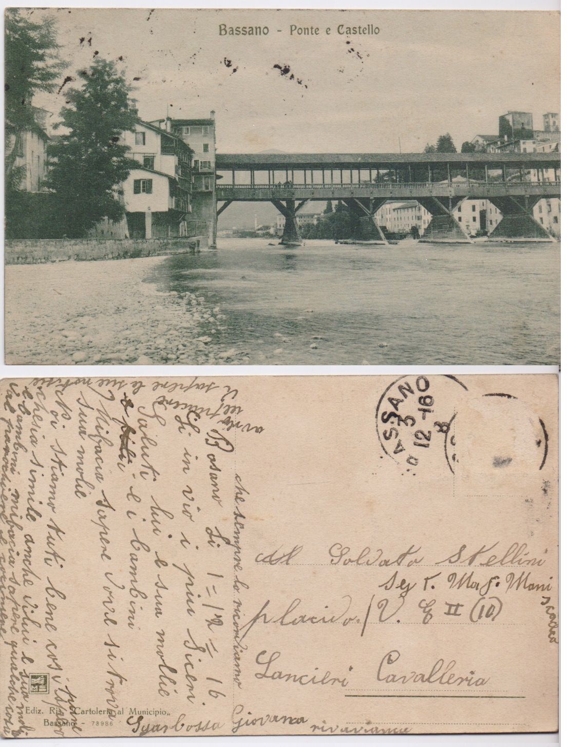 Cartolina - Bassano. Ponte e Castello. Viaggiata 1916