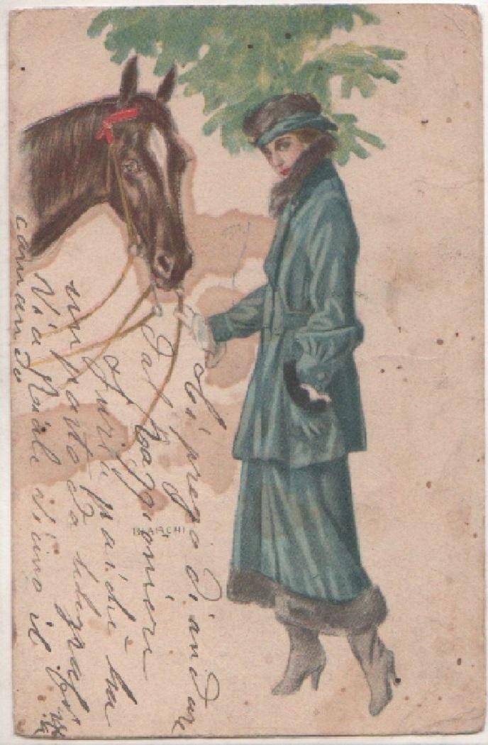 Cartolina - Donna con cavallo. Disegnatore Bianchi