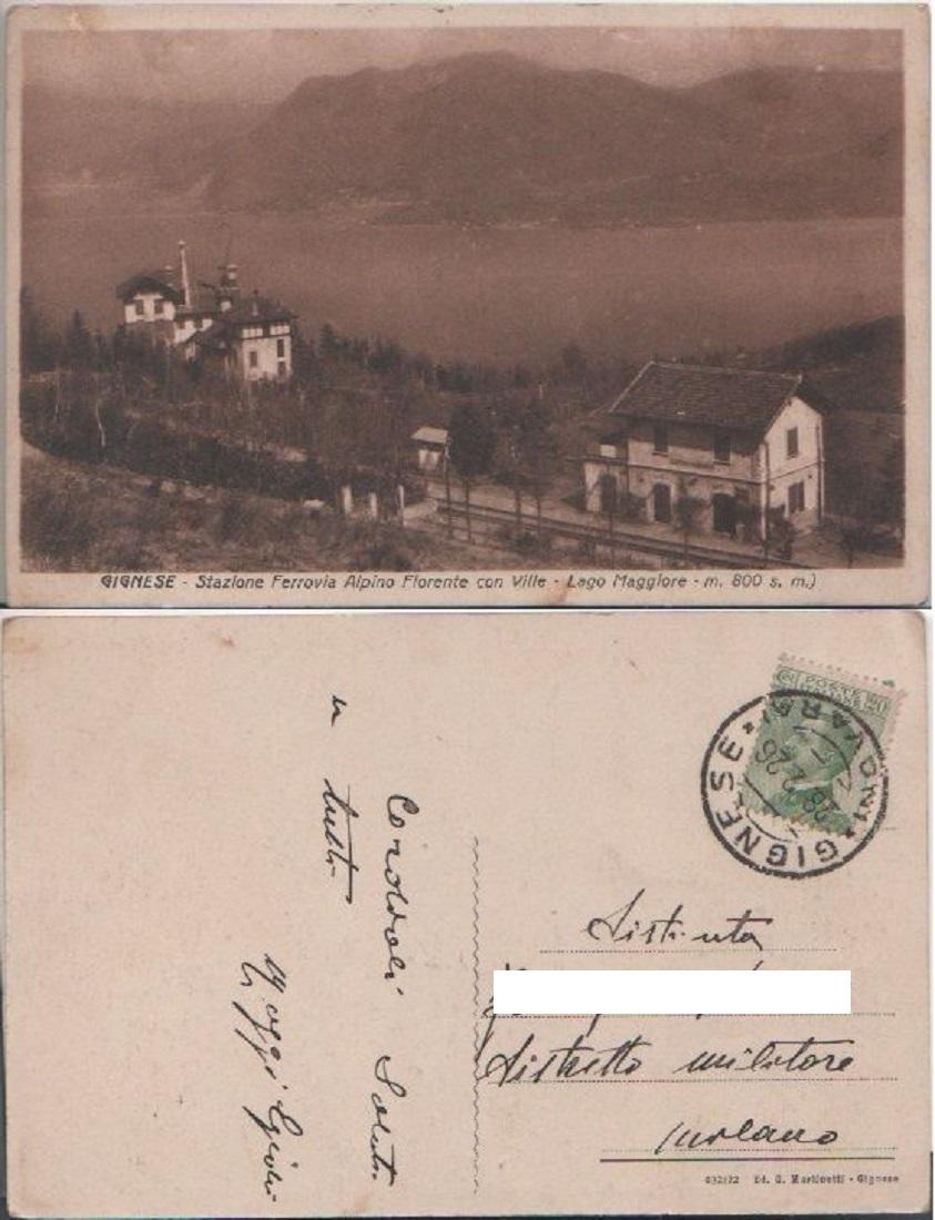 Cartolina - Gignese. Stazione Ferroviaria Alpino Florente con ville, Viaggiata …