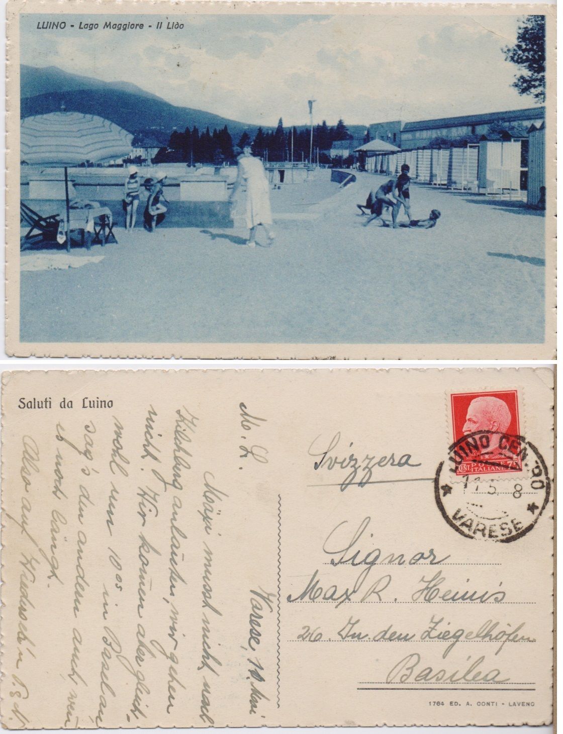 Cartolina - Luino. Lago Maggiore. Il Lido. Viaggiata, animata, bagnanti