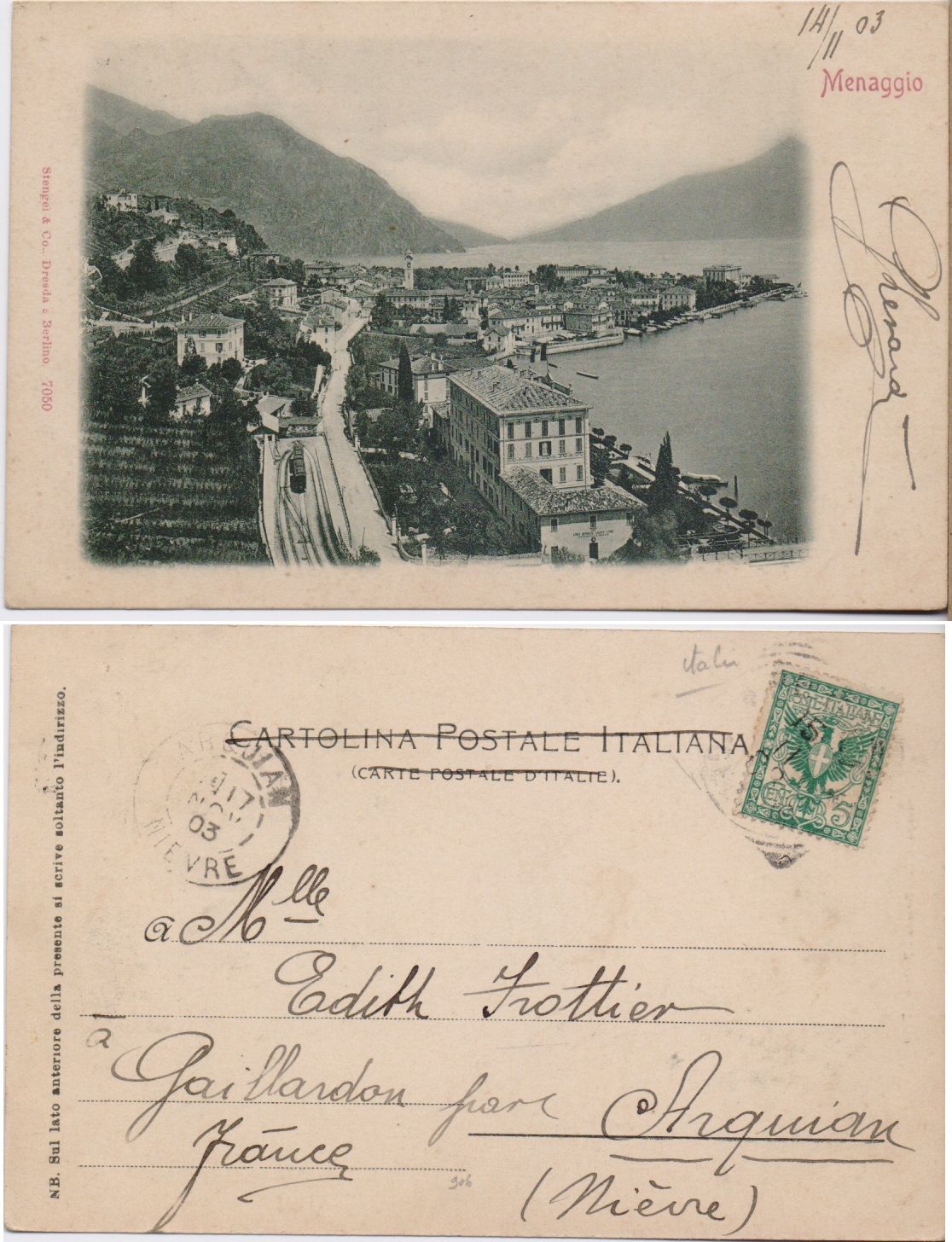 Cartolina - Menaggio. Bella veduta con stazione. Viaggiata 1903