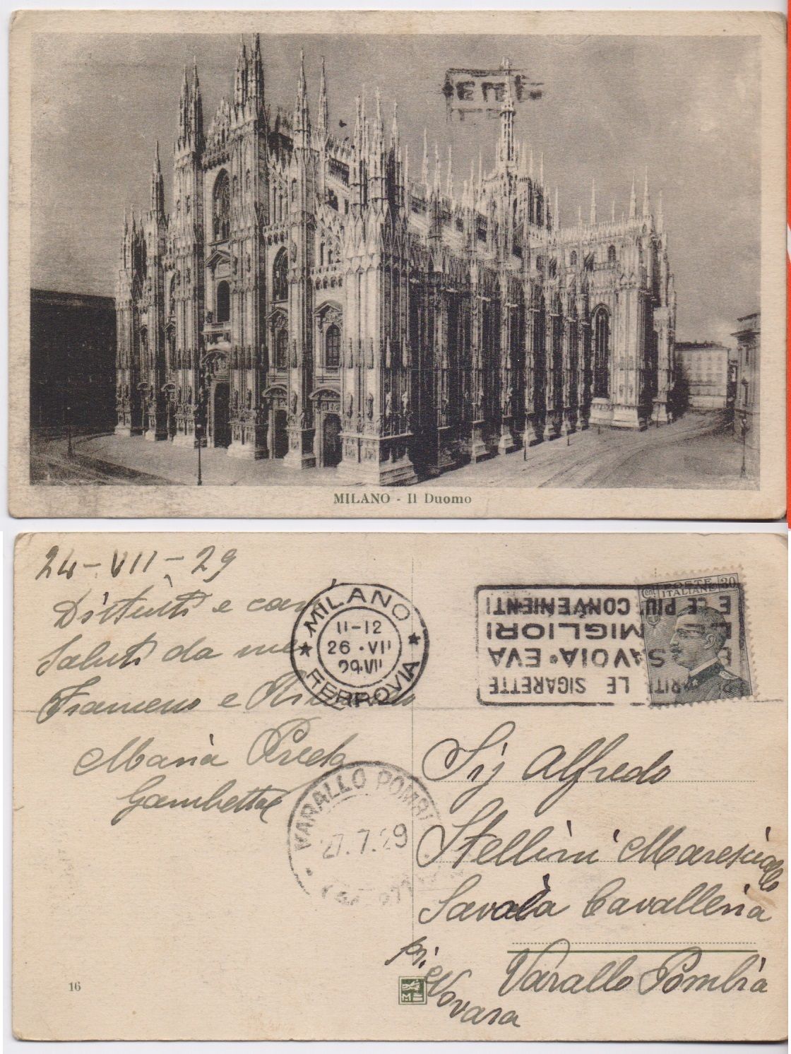 Cartolina - Milano. Il Duomo. Viaggiata 1929, annullo postale pubblicità …