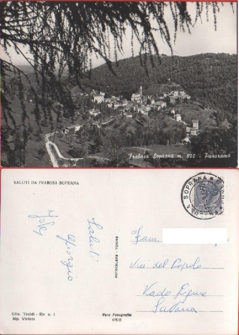 Cartolina - Saluti da Frabosa Soprana. Panorama. Viaggiata 1960