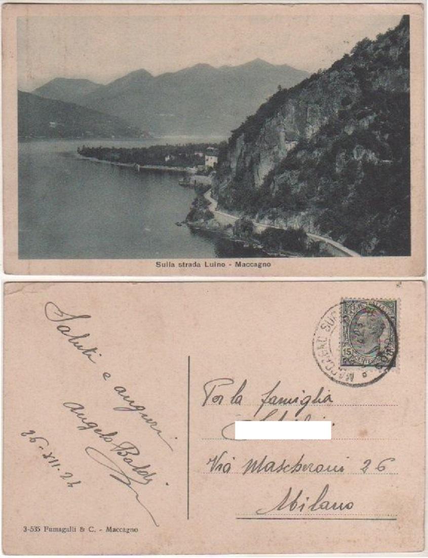 Cartolina - Sulla strada Luino. Maccagno - Viaggiata 1924