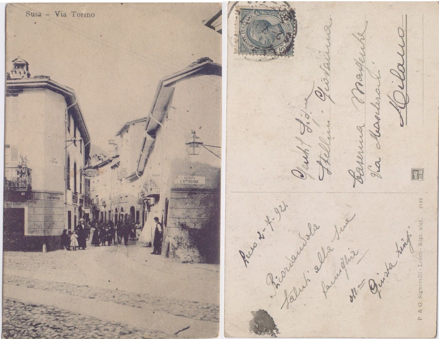 Cartolina - Susa. Via Torino - Viaggiata 1943, animata