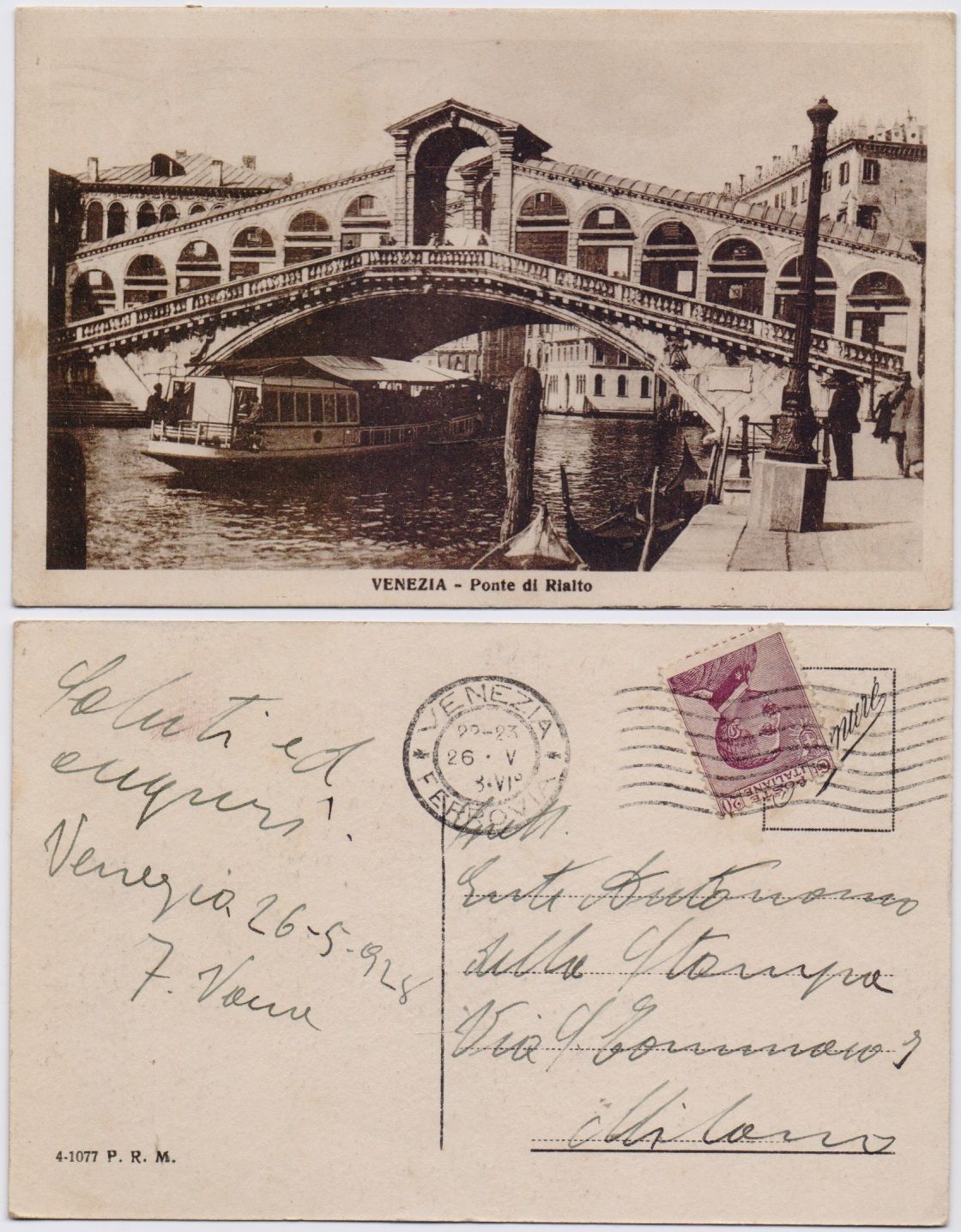 Cartolina - Venezia. Ponte di Rialto. Viaggiata 1928 , vaporetto