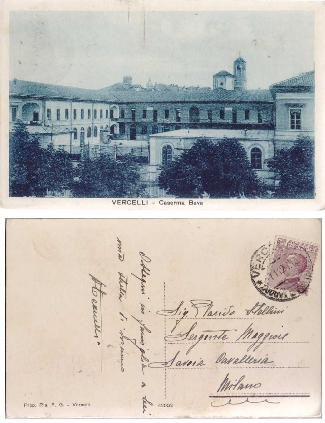 Cartolina. Vercelli. Caserma Bava. Viaggiata 1927