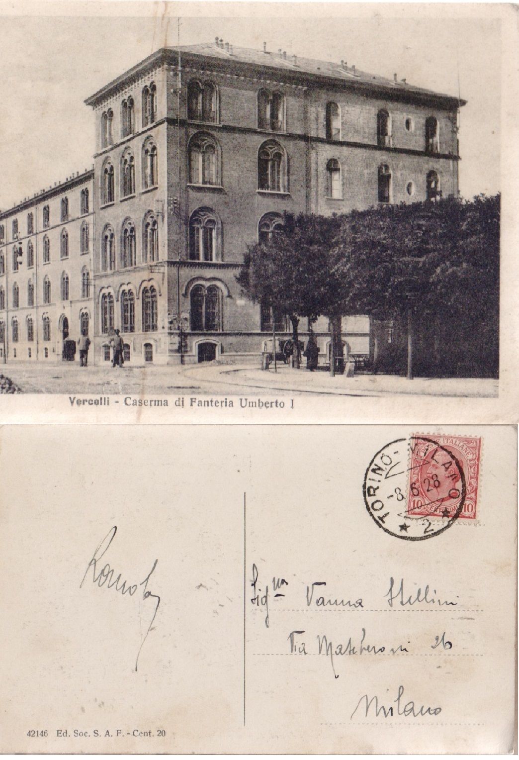 Cartolina. Vercelli. Caserma di Fanteria Umberto I. Viaggiata 1928