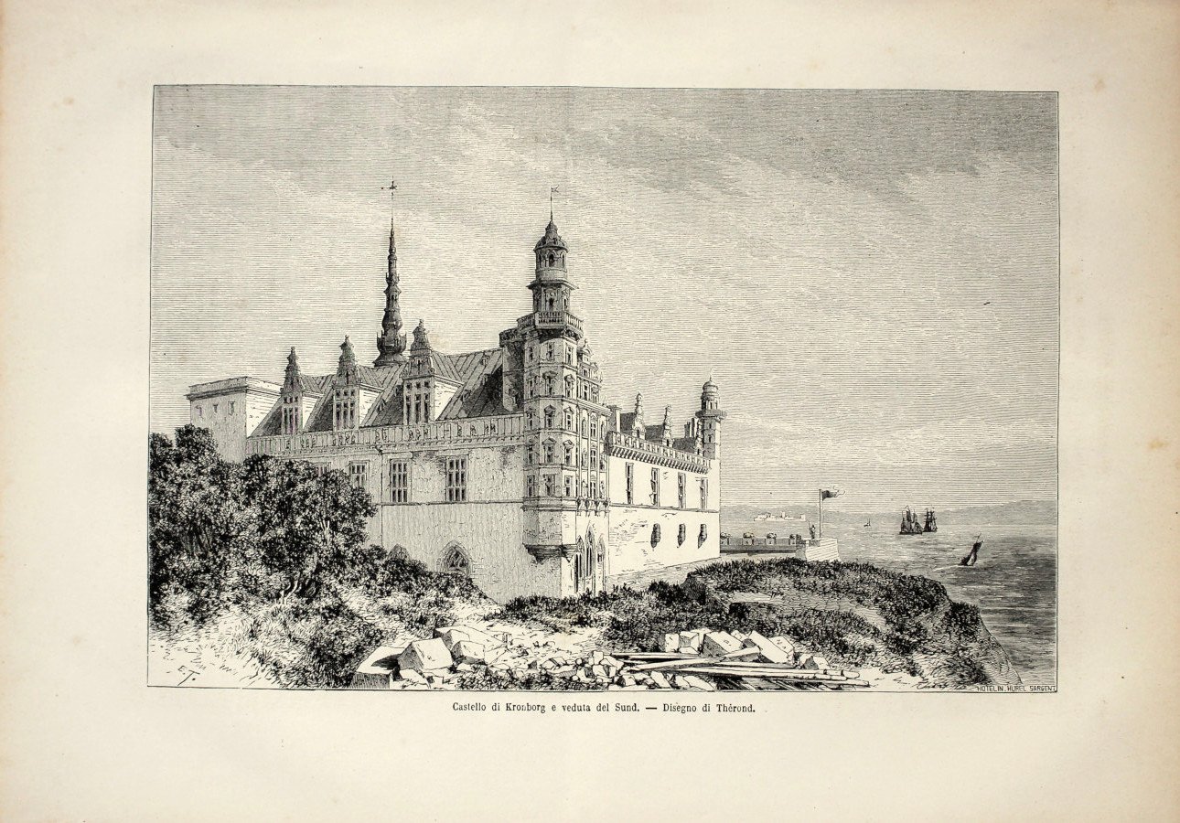 Castello di Kronborg e veduta del Sund. Stampa 1863