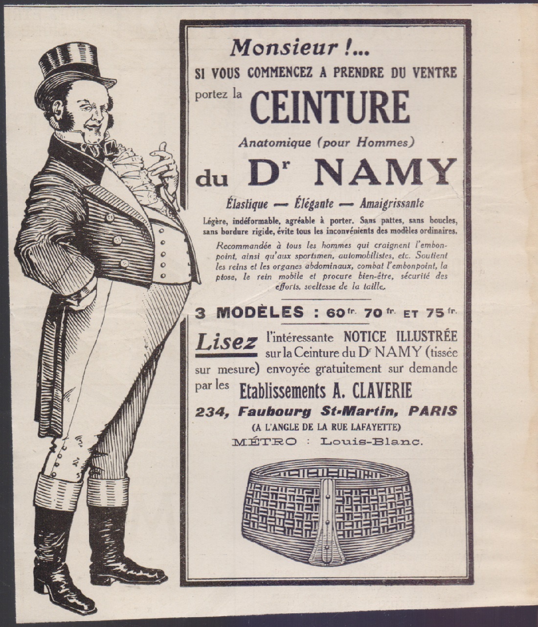 Ceinture du Dr Namy. Advertising 1923