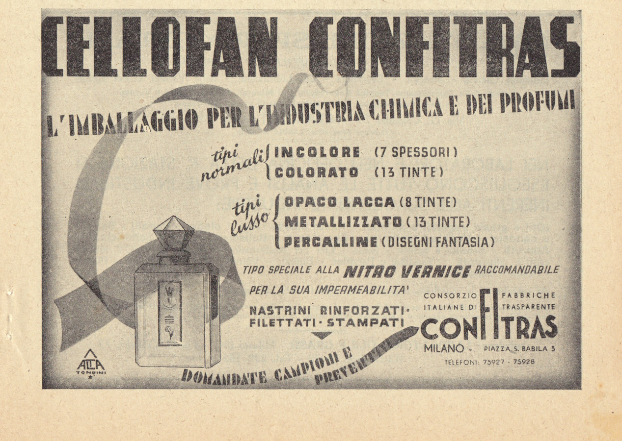 Cellofan Confitras. L'imballaggio per l'industria chimica e dei profumi. Advertising …