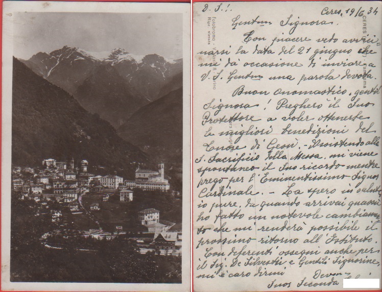 Ceres (Val di Lanzo). Panorama. Fotografica. Viaggiata 1934