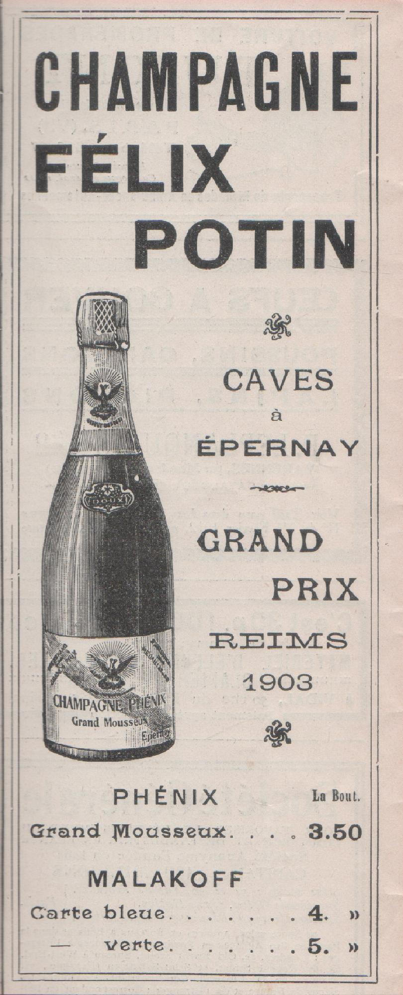Champagne Felix Potin. Advertising 1912