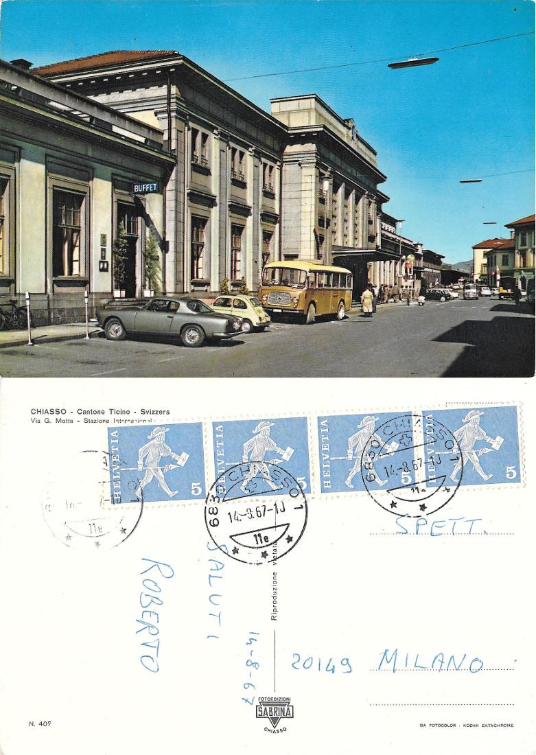 Chiasso. VIa G. Motta. Stazione ferroviaria. Viaggiata 1967 auto, bus