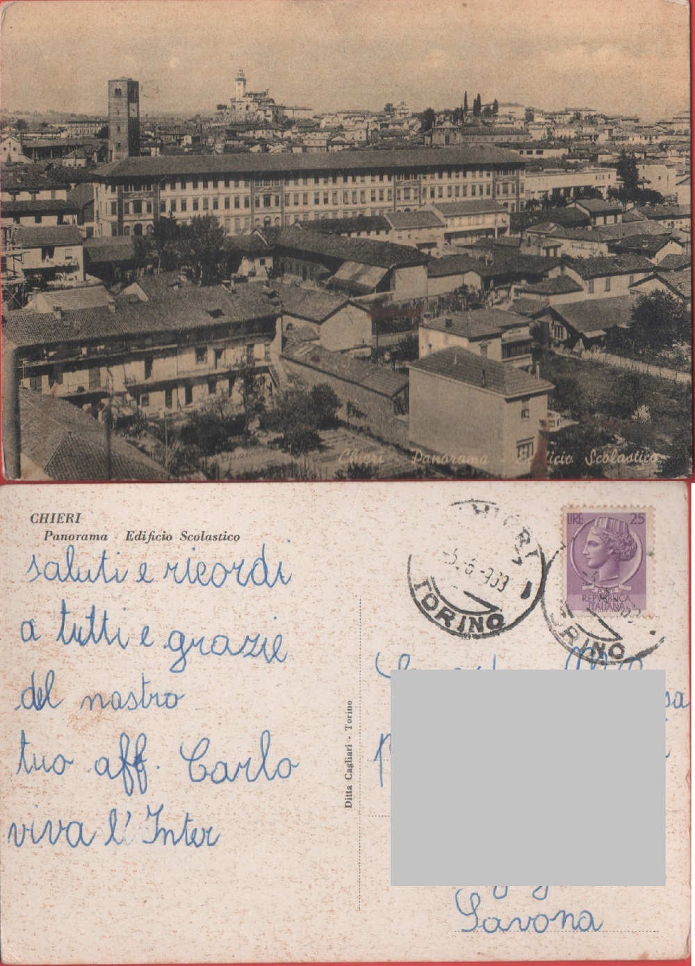 Chieri (TO). Panorama. Edificio Scolastico. Viaggiata 1963