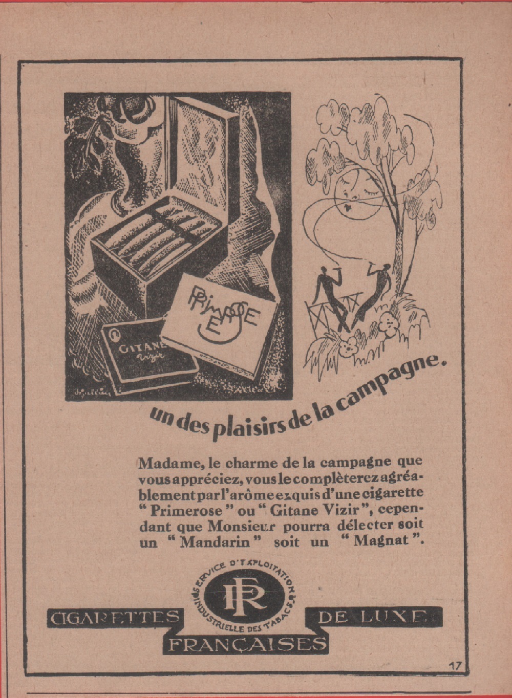 Cigarettes Francaises de Luxe. Primerose, Gitane Vizir, Mandarin, Magnat. Advertising …