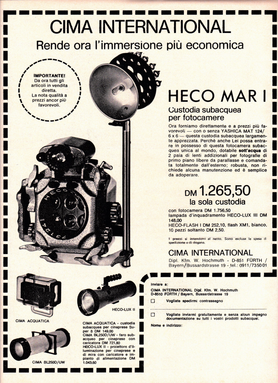 CIMA International rende ora l'immersione più economica. Advertising 1974