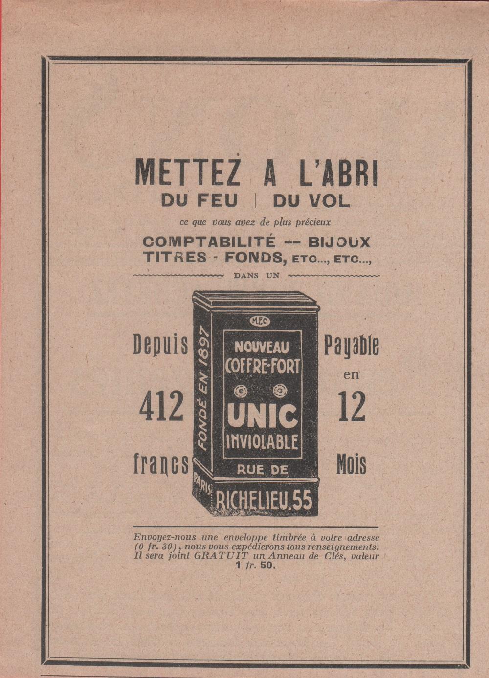 Coffre-fort UNIC, inviolable. Advertising 1926