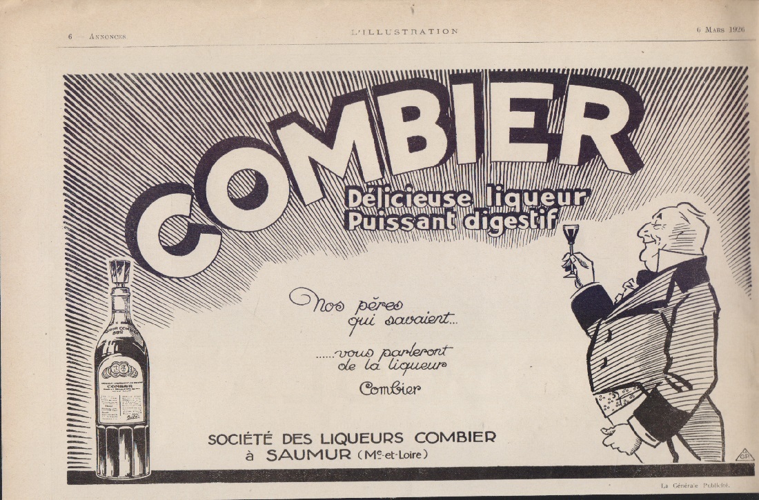 Combier delicieuse liqueur puissat digestif. Advertising 1926