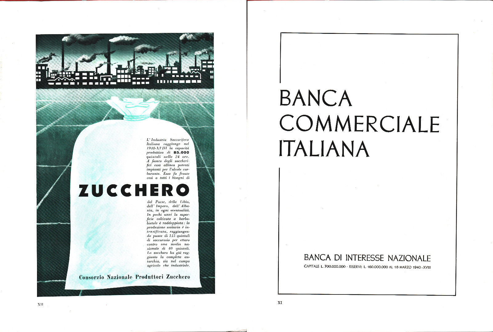 Consorzio Naz. Produttori Zucchero / Banca Commerciale Italiana- Pubblicità 1940