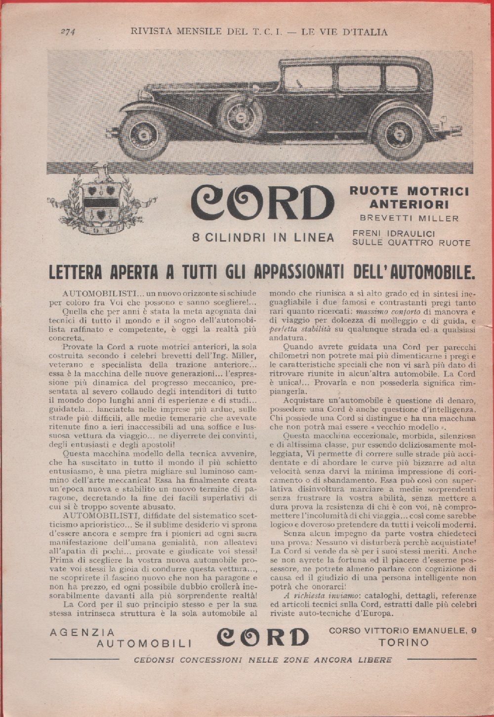 Cord. 8 cilindri in linea. Advertising 1930