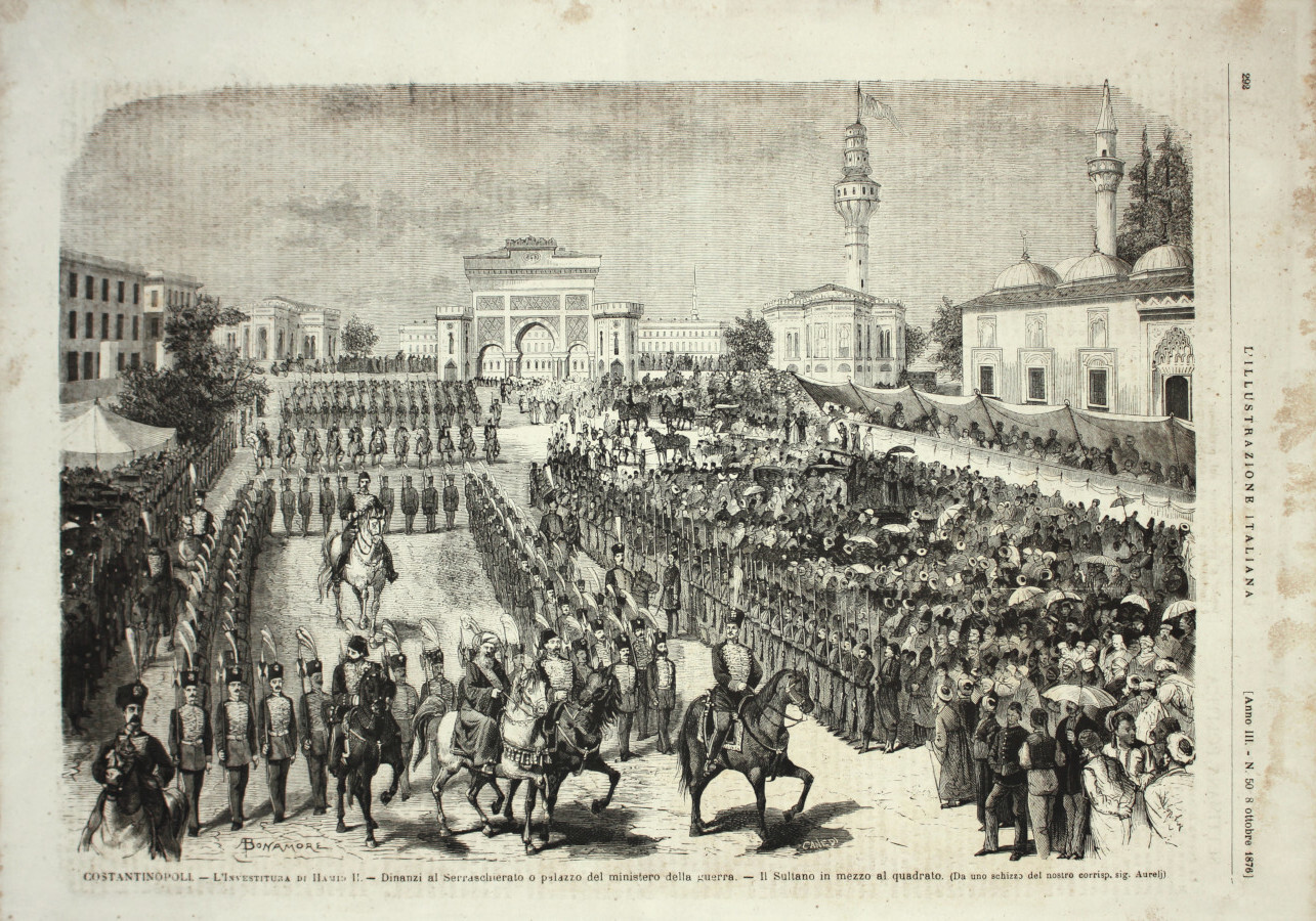 Costantinopoli. L'investitura di Hamid II, dinanzi al Serraschierato. Stampa 1876
