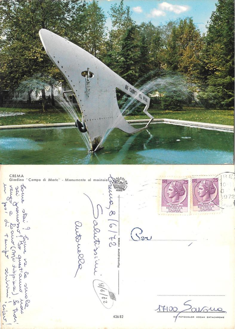 Crema. Giardino Campo di Marte. Monumento al marinaio. Viaggiata 1972